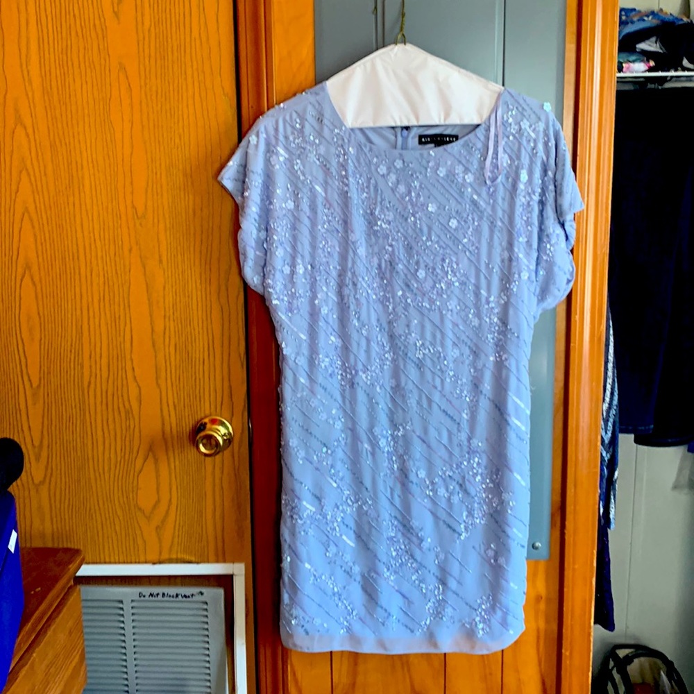 Knee length periwinkle lined floral sequin cocktail dress never worn, like new
